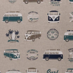 Blaue VW-Bullis Camper & Surfer - Leinenoptik Canvas Meterware Emilio - Swafing Dekostoff - Original Volkswagen Lizenzstoff
