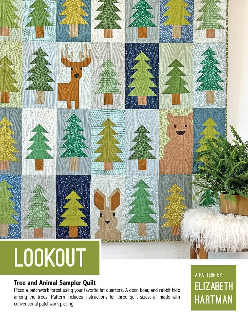 Look Out Patchworkdecke - Waldtiere Quilt Pattern By Elizabeth Hartman - Bär, Hirsch & Hase Mit Tannenbäumen 1 Look Out Patchworkdecke - Waldtiere Quilt Pattern By Elizabeth Hartman - Bär, Hirsch & Hase Mit Tannenbäumen