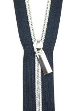 Silber & Marineblau Endlosreißverschluss & Zupfer - Silver Nickel / Navy Zipper Mit Metallzähnen - Sallie Tomato